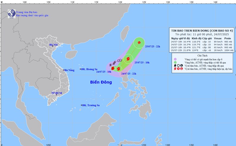 Updated at 11:00 on July 24 on the location and path of storm No. 4 Comay. Photo: National Center for Hydro-Meteorological Forecasting