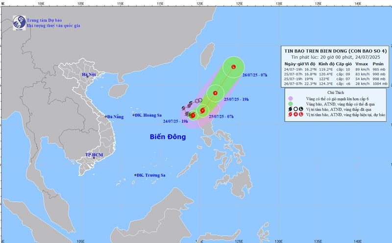 Updated at 8:00 p.m. on July 24 about the location and path of storm No. 4 Comay. Photo: National Center for Hydro-Meteorological Forecasting