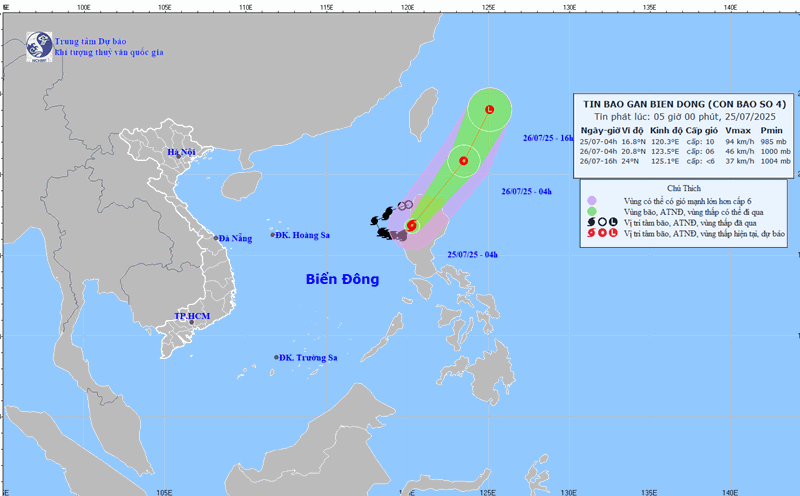 Updated at 5:00 a.m. on July 25 on the location and path of storm No. 4 Comay. Photo: National Center for Hydro-Meteorological Forecasting