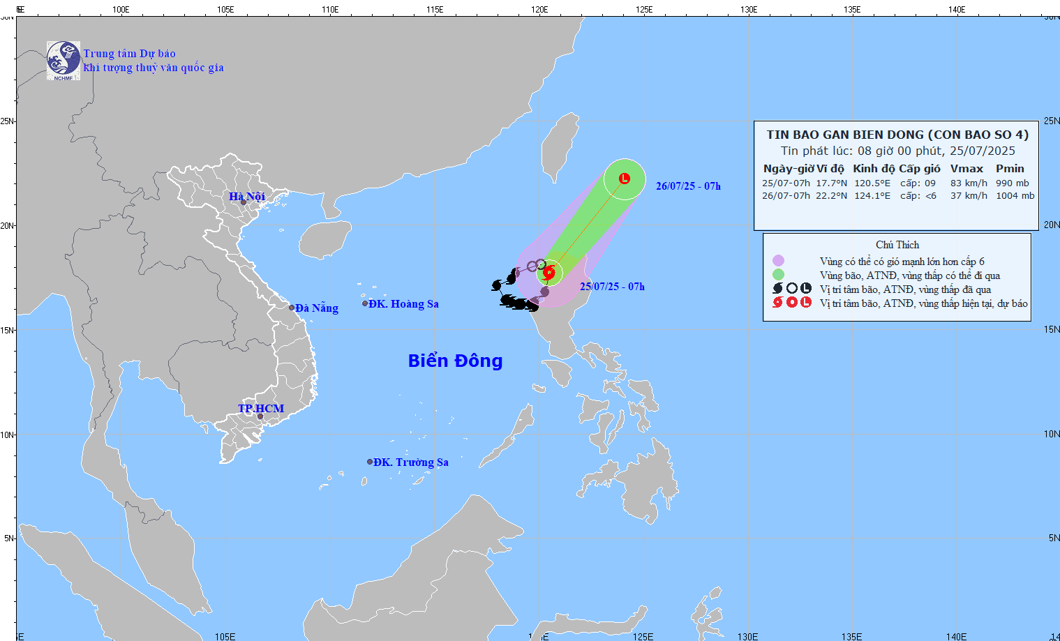 Actualizacion a las 8 en punto en 25.7 en la ubicacion y el camino del comia Typhoon No. 4. Foto: Centro de pronostico hidrometeorologico nacional