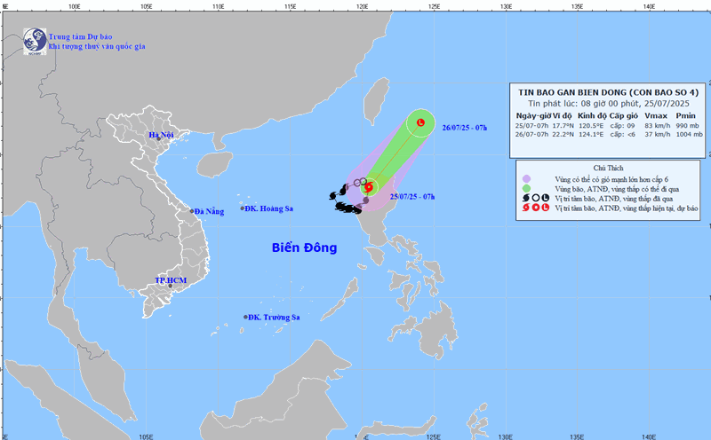Updated at 8:00 a.m. on July 25 on the location and path of storm No. 4 Comay. Photo: National Center for Hydro-Meteorological Forecasting