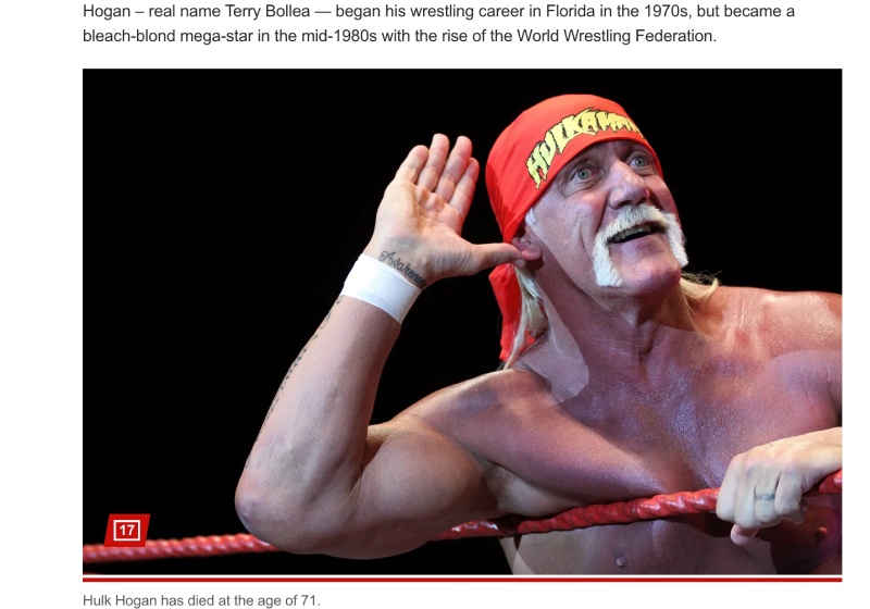 Đô vật Hulk Hogan qua đời ở tuổi 71. Ảnh cắt từ báo Anh