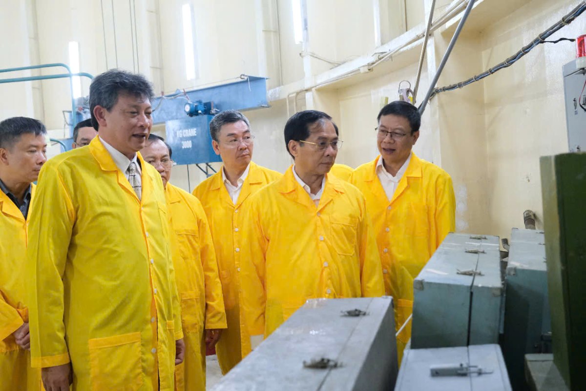 Lanh dao Vien Nghien cuu Hat nhan bao cao, trao doi voi Pho Thu tuong Chinh phu Bui Thanh Son khi kiem tra khu vuc Lo phan ung hat nhan. Anh: Pham Duy 