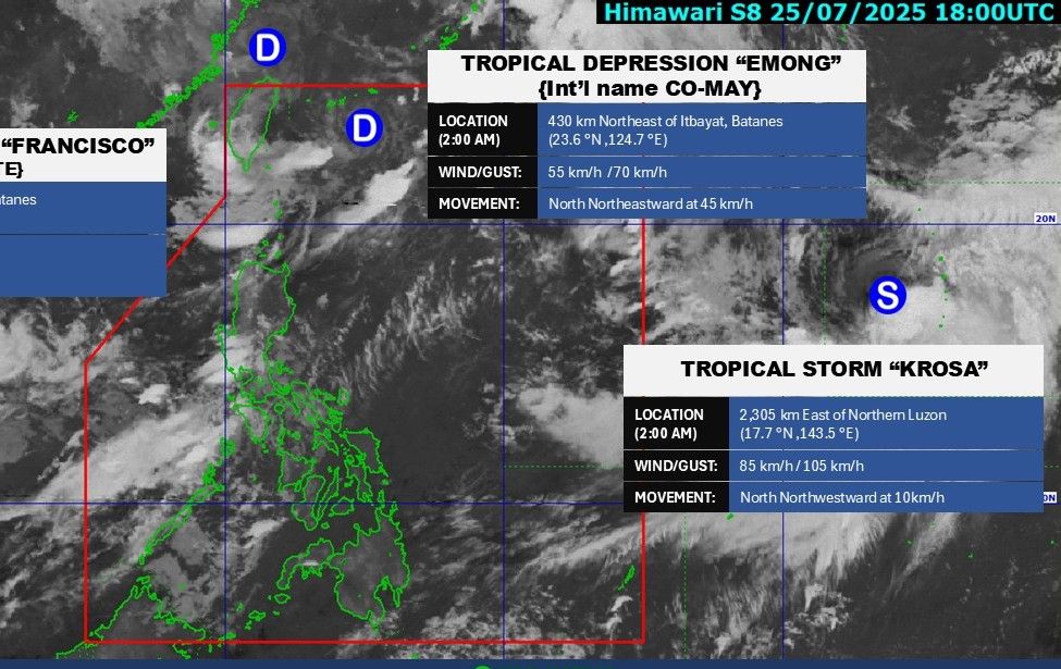 Posicion de depresion tropical Comay, Franciso y Huracan Krosa en 2 horas el 26 de julio de 2025. Foto: Pagasa