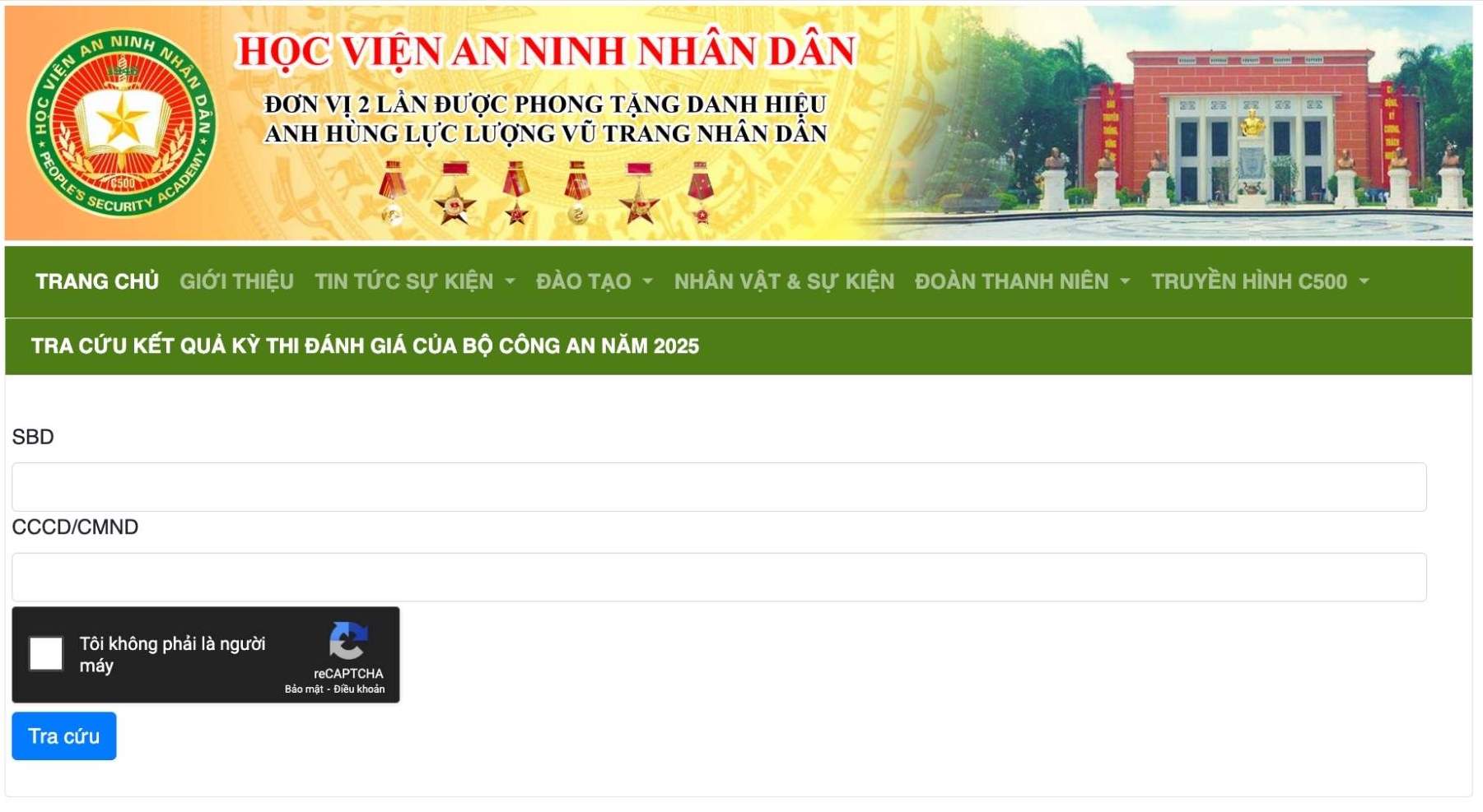 Giao dien website tra cuu ket qua diem thi bai thi danh gia cua Bo Cong an nam 2025 doi voi thi sinh du thi tai Hoi dong thi Hoc vien An ninh nhan dan. 