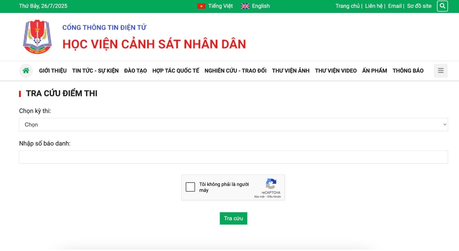 Giao dien website tra cuu ket qua bai thi danh gia cua Bo Cong an nam 2025 tai Hoc vien Canh sat nhan dan. 