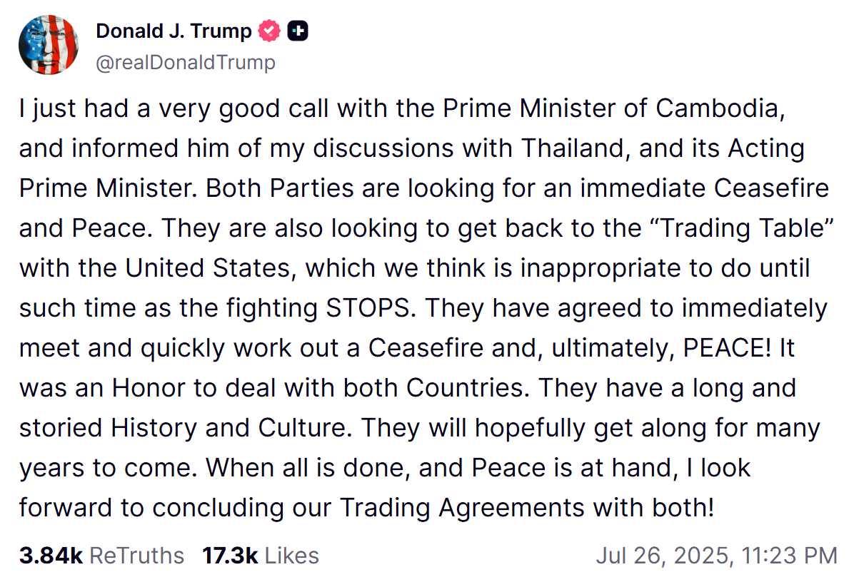 Bai dang cua Tong thong Donald Trump cho biet lanh dao Campuchia va Thai Lan dong y gap mat ngay lap tuc va nhanh chong dat duoc mot lenh ngung ban va cuoi cung la hoa binh