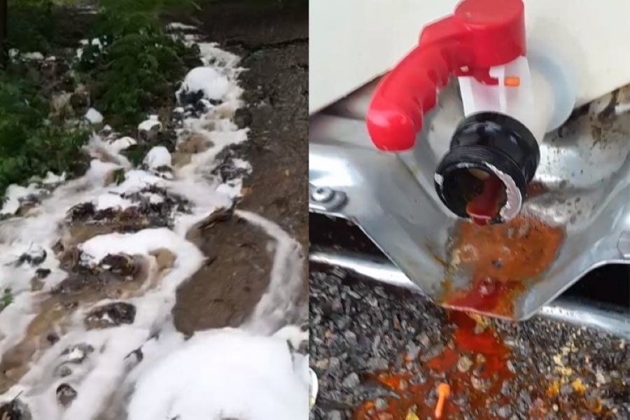 化学物質が1箱から環境に漏れ出し、雨水に流れ込み、粉々に泡立ちます。写真:住民提供