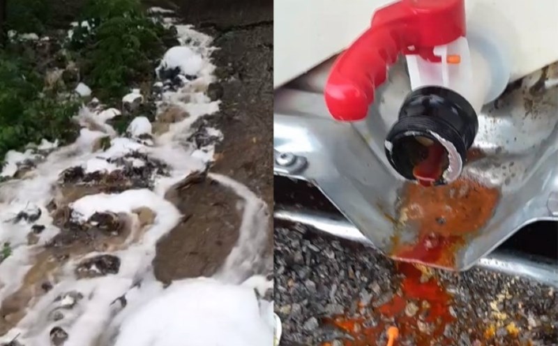 Chemicals leaked from a box into the environment, flowing with rainwater, creating white foam. Photo: Provided by the people