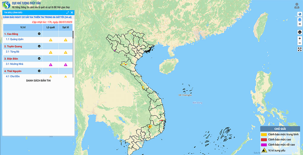 Canh bao nguy co thien tai o cac dia phuong cap nhat luc 17h ngay 28.7.2025. Anh: He thong thong tin canh bao lu quet va sat lo dat