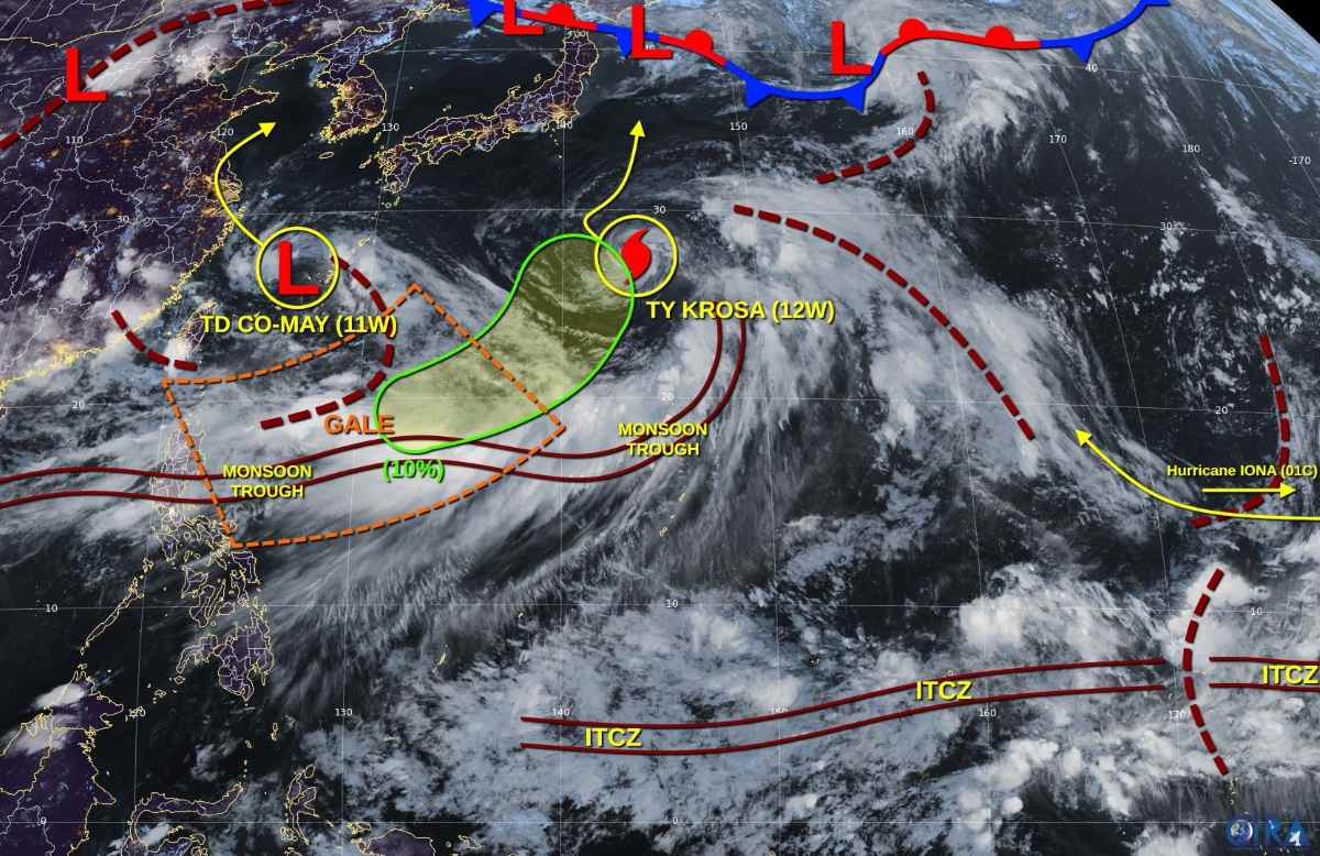 Posicion de la depresion tropical Comay la tormenta Krosa la tormenta Iona y la zona de congestion en el noroeste del Pacifico el 29 de julio de 2025. Foto: JTWC