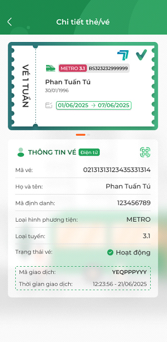 Man hinh chi tiet thong tin khach hang mua ve ngay metro. Anh: Tramoc