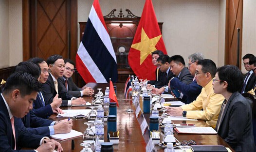 Cuộc gặp giữa Ủy viên Trung ương Đảng, Phó Thủ tướng Chính phủ, Bộ trưởng Bộ Ngoại giao Bùi Thanh Sơn và Bộ trưởng Bộ Ngoại giao Thái Lan Maris Sangiampongsa. Ảnh: Bộ Ngoại giao