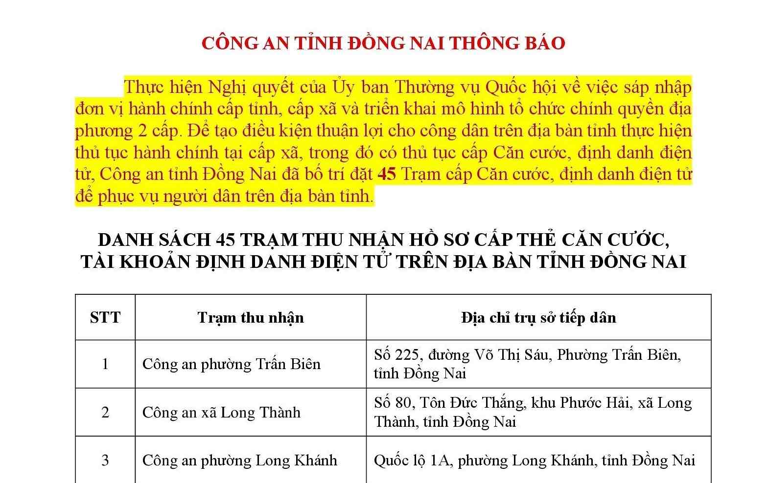 새로운 동나이성 전자 신분증 발급 45곳 목록. 사진: 동나이성 공안