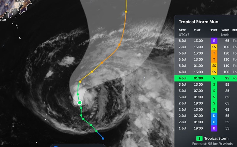 Forecast of the path of Typhoon Mun in the sea near Japan from July 4-8, 2025. Photo: Zoom Earth