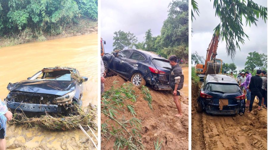 Une voiture emportee par les eaux de crue a ete retrouvee gravement endommagee. Photo : H.Nguyen