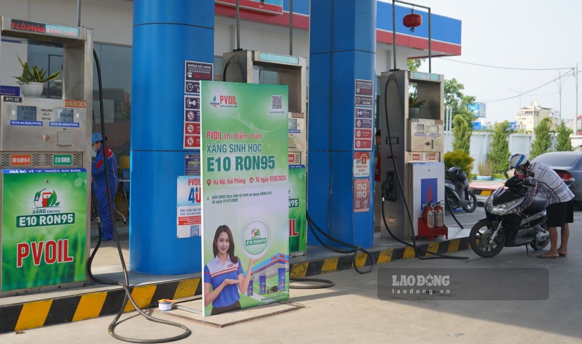 Cua hang Thanh To da trang tri pa no, ap phich quang cao xang E10. Ảnh: Mai Dung