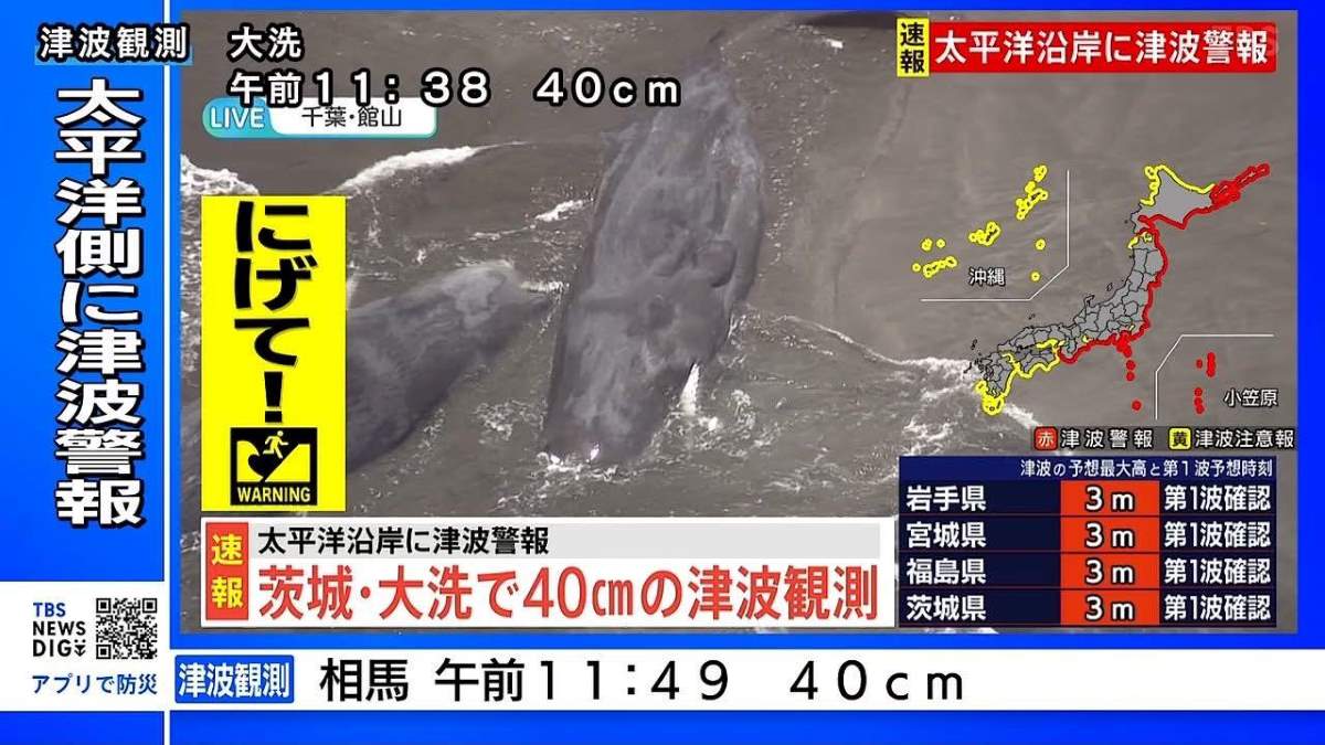 Truyen hinh Nhat Ban dua tin ve song than 40cm o Oarai, Ibaraki, Nhat Ban luc 11h38 ngay 30.7