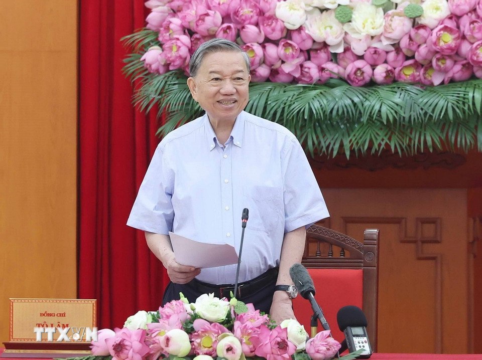 Tong Bi thu To Lam phat bieu tai buoi lam viec ve du thao cac van kien Dai hoi XIV. Anh: TTXVN
