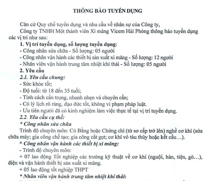 La empresa de cemento VICEM Hai Phong contrata a muchos empleados.