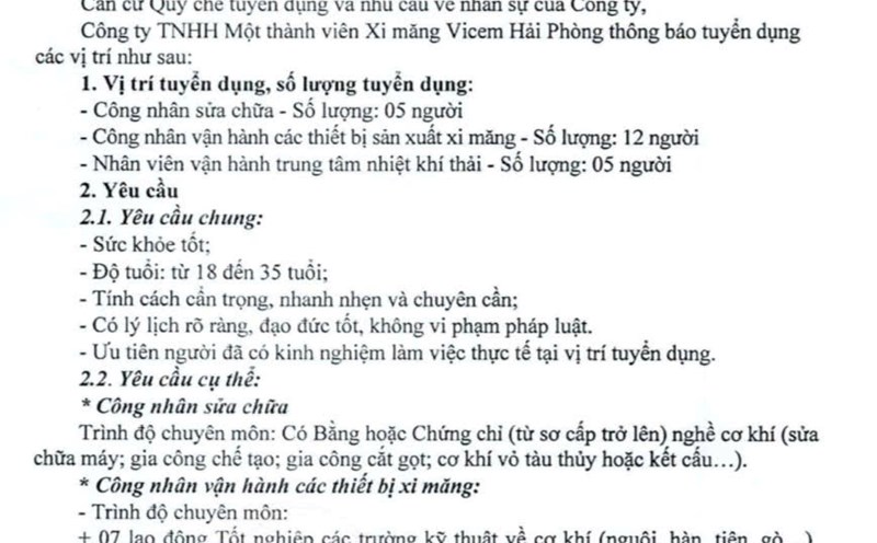 VICEM Hai Phong Cement Company is recruiting many employees.