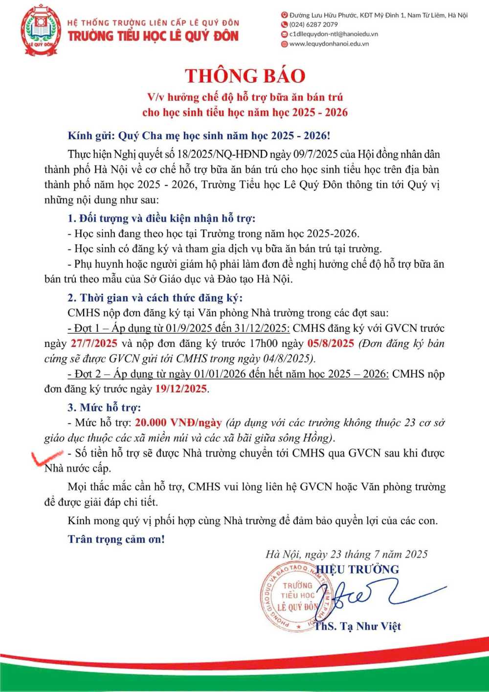 Truong Tieu hoc Le Quy Don thong bao cong khai ve thong tin ho tro bua an ban tru toi phu huynh hoc sinh. Anh: Duong Yen