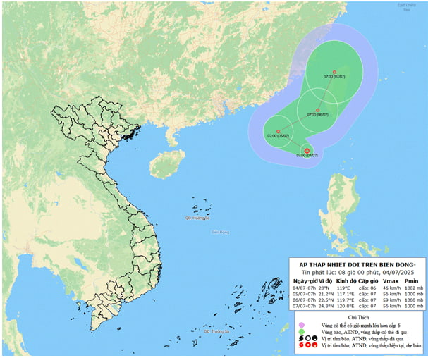 Mise a jour de la position et de la trajectoire de la depression tropicale a 8 heures le 4 juillet. Photo : Centre national de previsions hydrometeorologiques