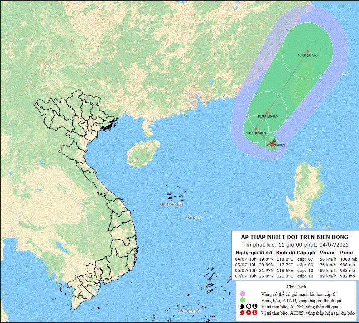 La depression tropicale est susceptible de se transformer en tempete dans les 24 prochaines heures. Voici des images mettant a jour la position et la trajectoire de la depression tropicale a 11 heures le 4 juillet. Photo : Centre national de previsions hydrometeorologiques