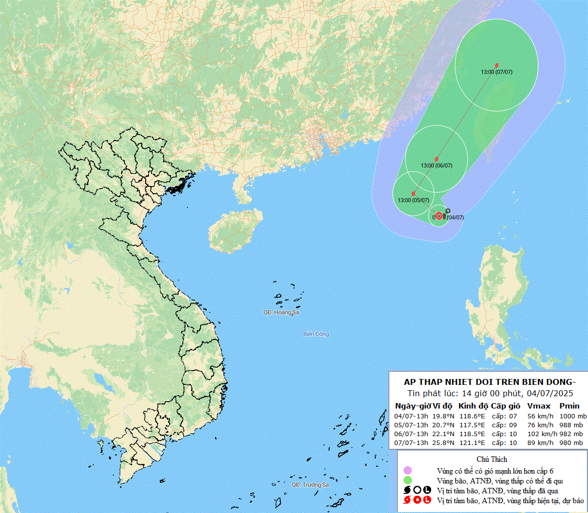 La depression tropicale risque de se transformer en tempete dans les 24 prochaines heures. Voici des images mettant a jour la position et la trajectoire de la depression tropicale a 14 heures le 4 juillet. Photo : Centre national de previsions hydrometeorologiques
