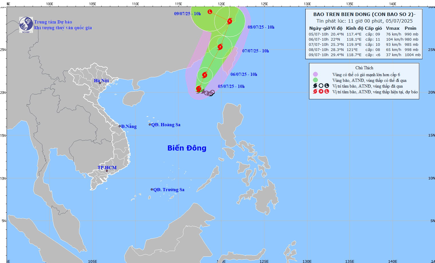 Mise a jour de la position de la tempete n° 2 a 11 heures le 5 juillet. Photo : Centre national de previsions hydrometeorologiques