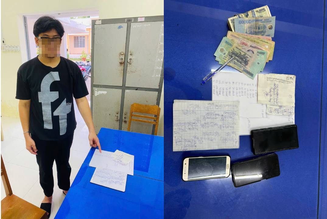 Tan Chau Ward 경찰(An Giang)은 L.P.S가 복권 판매 형태로 도박 행위를 하는 현장을 급습했습니다. 사진: 경찰 제공