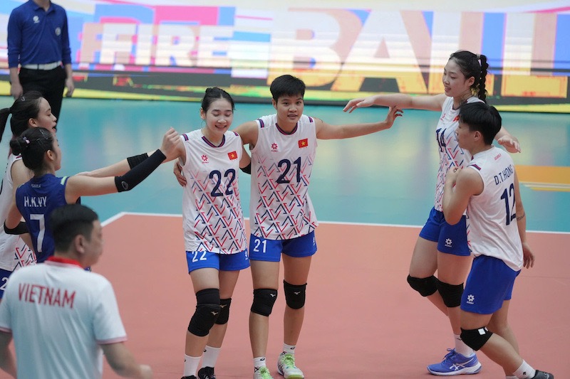 Doi tuyen bong chuyen nu U21 Viet Nam thang set 1. Anh: VFV