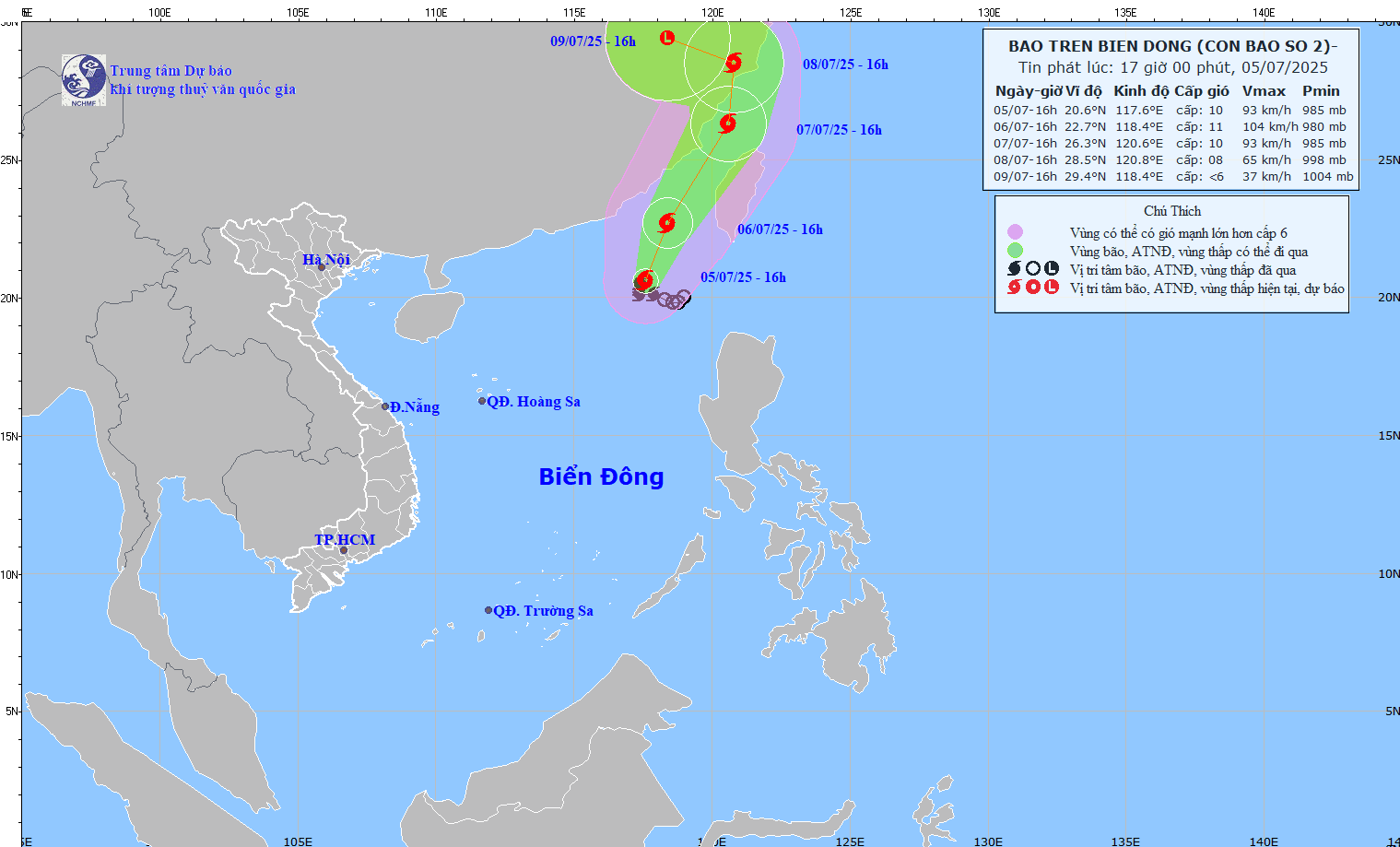 Forecast of the path of storm No. 2 DANAS in the East Sea. Photo: NCHMF