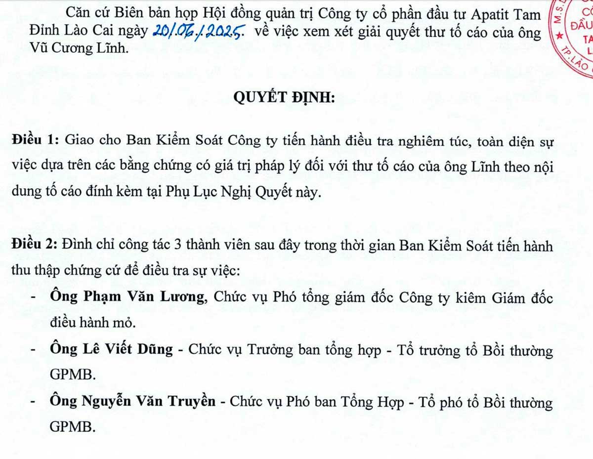 Quyet dinh dinh chi cong tac voi 3 ong Luong, Dung va Truyen. Anh: Duy Tung.