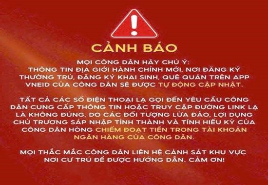 Công an tỉnh Cà Mau cảnh báo  lừa đảo bằng hành vi cập nhật thông tin trên VNeID. Ảnh: Nhật Hồ