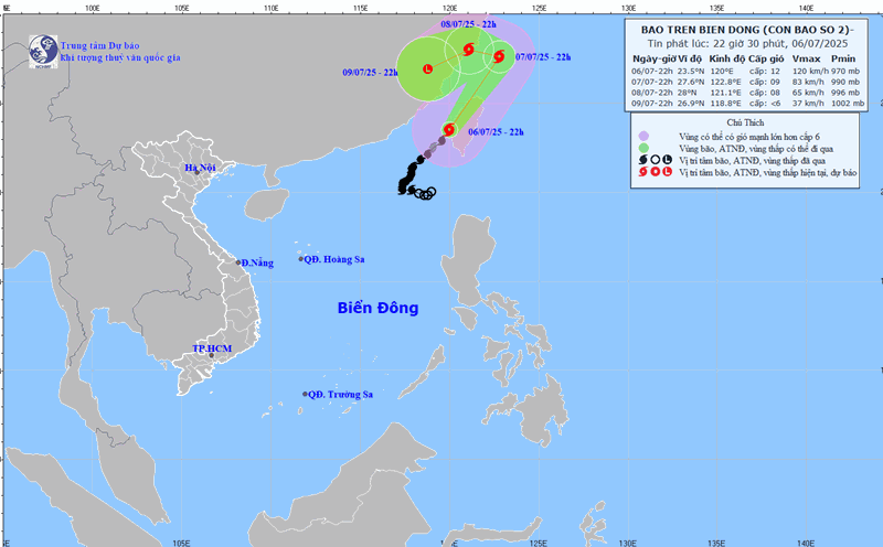 Updated location and path of storm No. 2 at 10:00 p.m. on July 6. Photo: National Center for Hydro-Meteorological Forecasting