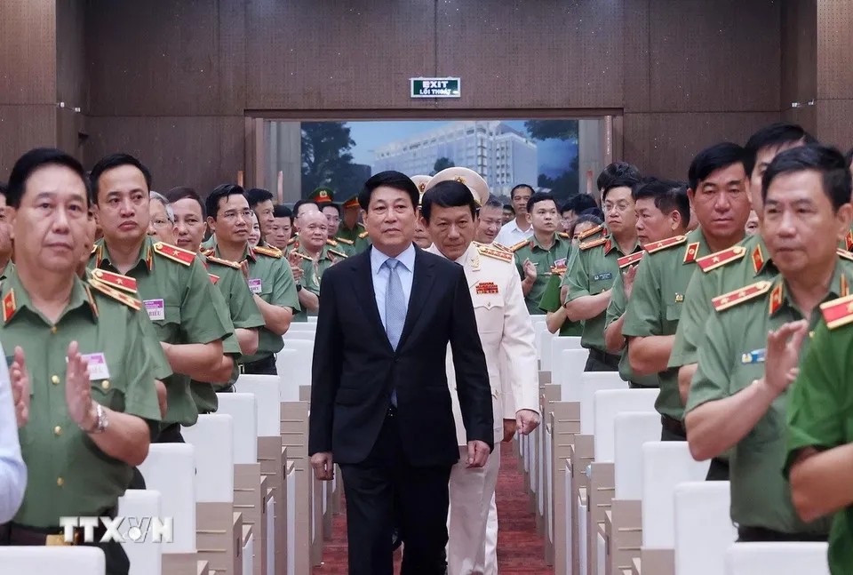 Chu tich nuoc Luong Cuong du Hoi nghi so ket cong tac Cong an 6 thang dau nam 2025. Anh: TTXVN