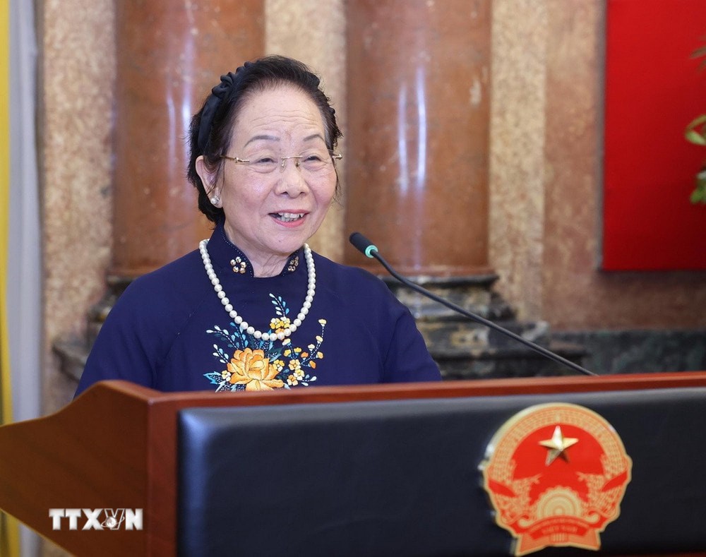 GS.TS Nguyen Thi Doan - Chu tich Hoi Khuyen hoc Viet Nam - phat bieu tai Hoi nghi. Anh: TTXVN