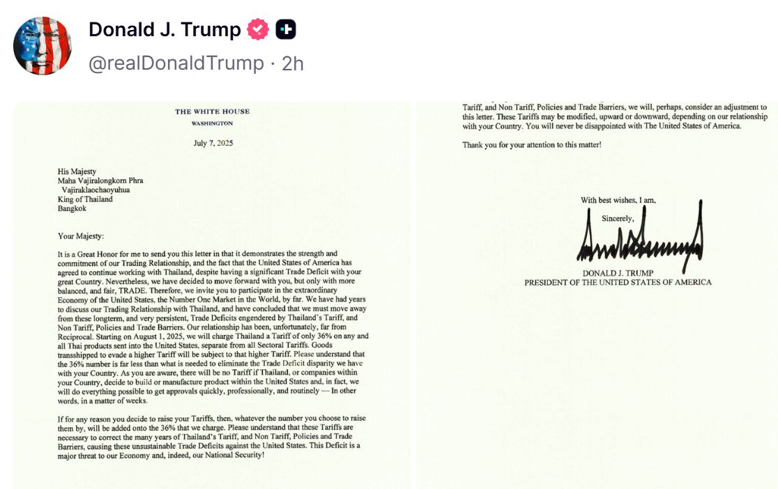 도널드 트럼프는 태국에 36%의 관세를 부과한다고 통보하는 서한을 보냈습니다. 사진: TruthSocial/ @realDonaldTrump