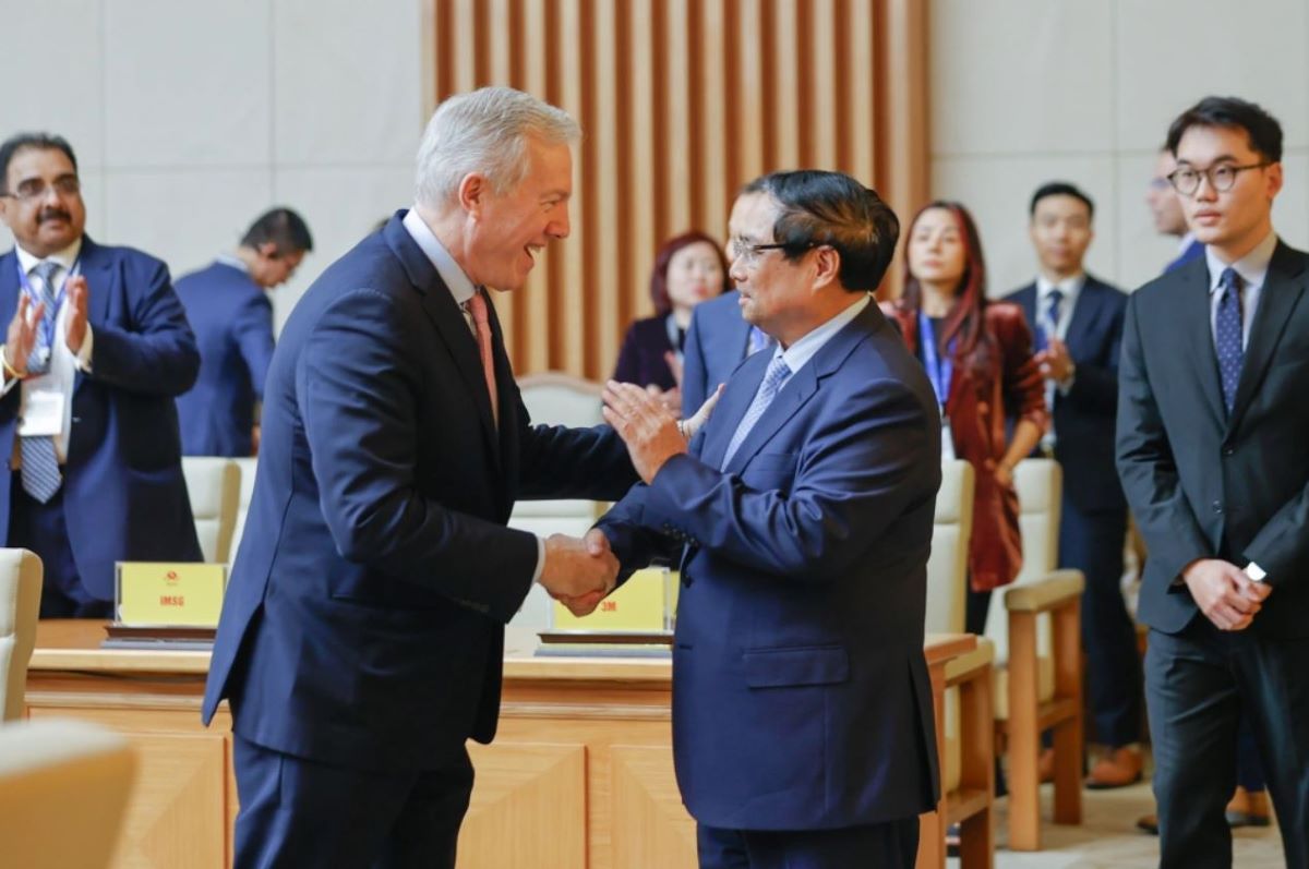 Chieu 18.3.2025, Uy vien Bo Chinh tri, Thu tuong Chinh phu Pham Minh Chinh lam viec voi doan Hoi dong kinh doanh My - ASEAN (USABC) va khoang 60 doanh nghiep lon cua My tham va lam viec tai Viet Nam. Anh: VGP