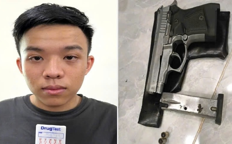 Đối tượng truy nã đặc biệt nguy hiểm Trần Hoàng Sơn và một số vật chứng bị lực lượng chức năng thu giữ. Ảnh: Công an tỉnh Đồng Nai