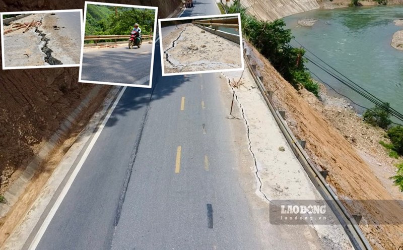 The newly repaired arterial road has sunk and cracked, causing landslides on the embankment in Thai Nguyen. Photo: Dang Vu