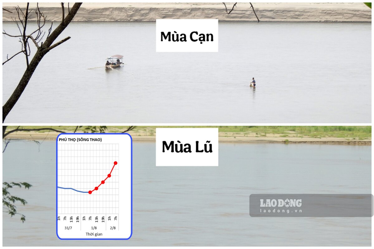 記者がかつてホン川の真ん中で漁をしていた人々を記録した場所は、今では洪水でいっぱいになっている。写真:トー・コン