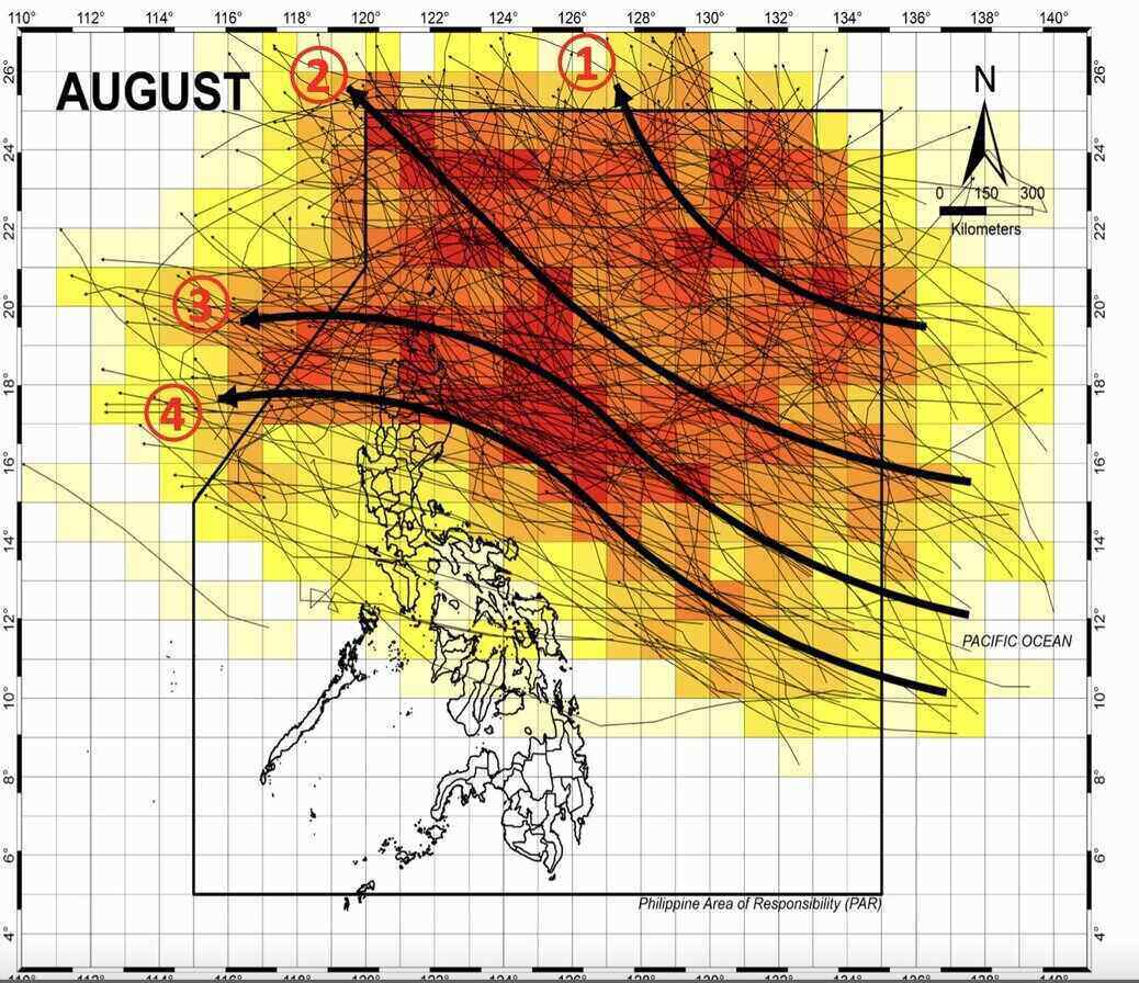 Du bao duong di cua bao hoac ap thap nhiet doi gan Bien Dong trong thang 8. Anh: PAGASA