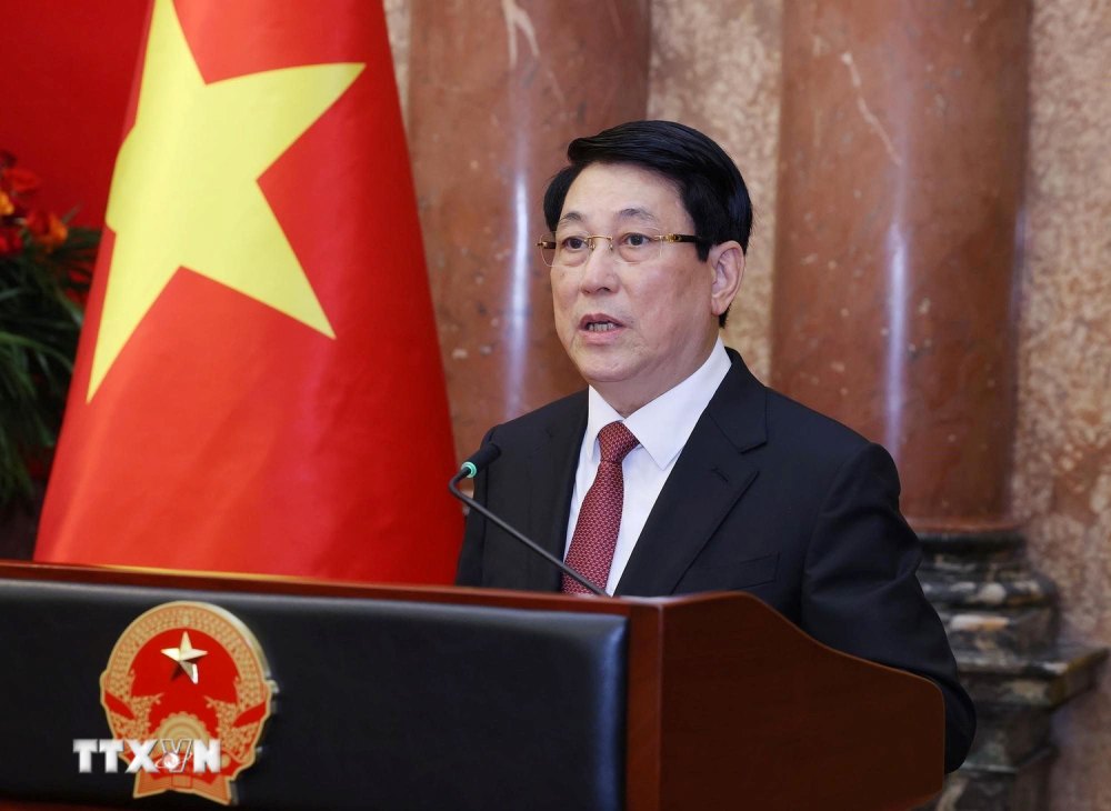 Uy vien Bo Chinh tri, Chu tich nuoc Luong Cuong phat bieu tai buoi le. Anh: TTXVN