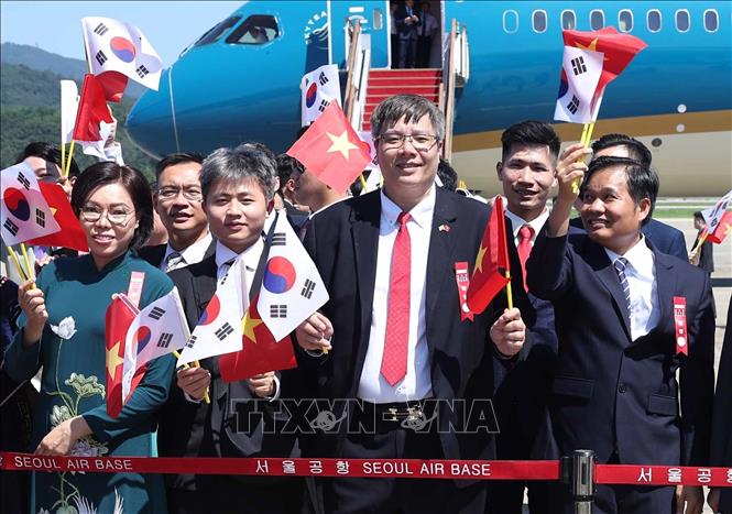 Can bo, nhan vien Dai su quan va cong dong nguoi Viet Nam tai Han Quoc don Tong Bi thu To Lam va Phu nhan tai san bay quan su Seongam, thu do Seoul. Anh: TTXVN