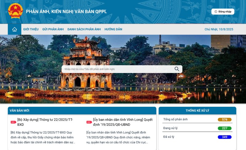 Giao diện hệ thống thông tin tiếp nhận, xử lý phản ánh, kiến nghị về văn bản QPPL. Ảnh: Quang Minh