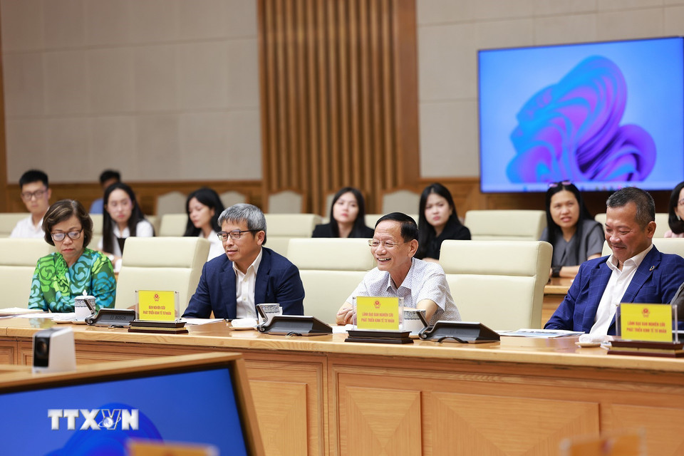 Cac thanh vien Ban Nghien cuu phat trien kinh te tu nhan tham du buoi lam viec. Anh: TTXVN