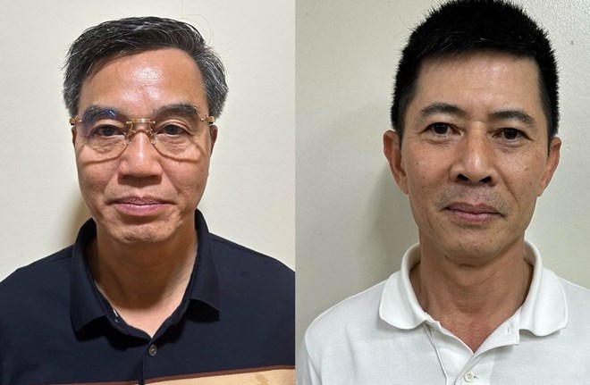 Bị can Nguyễn Văn Thạo và ông chủ Tập đoàn Thuận An Nguyễn Duy Hưng (từ trái qua). Ảnh: Bộ Công an