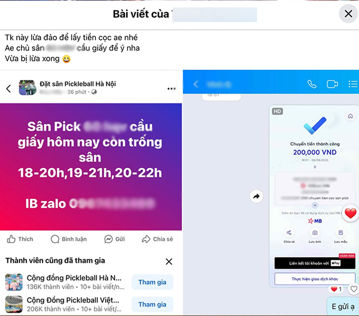 Tai khoan Facebook N.V.T dang bai canh bao moi nguoi sau khi bi lua tien coc pickleball. Anh: Chup man hinh